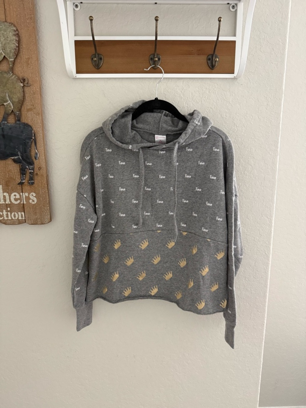 No Boundaries Gray Crop Hoodie with Gold Crown Print